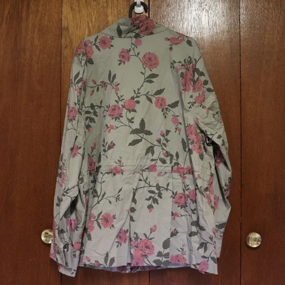 Lane Bryant Army Green Coat – Rose Pattern, Zip & Button Front - Picture 2 of 7